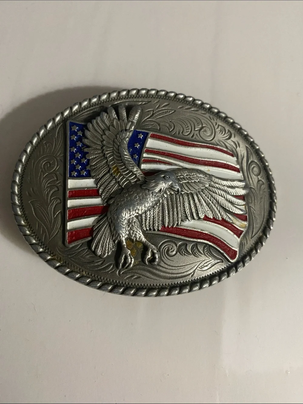 Nocona Americana Flag & Eagle Belt Buckle, Patriotic﻿, Scroll design, Rope edge